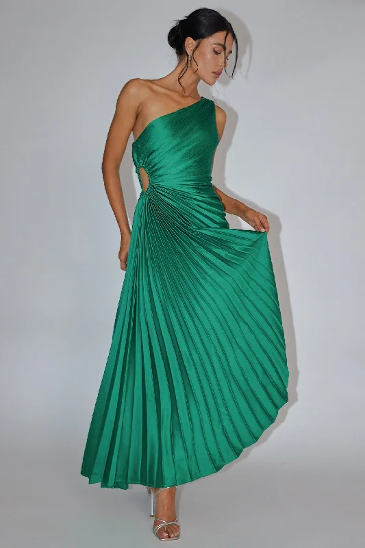 Brooklynn One-Shoulder Accordion Pleat Dress Kelly Green