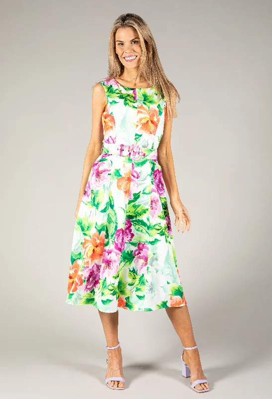 Floral Belted A-Line Midi Dress