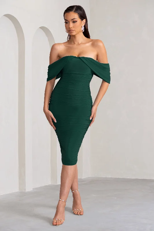 Love Me | Bottle Green Off The Shoulders Ruched Midi Dress