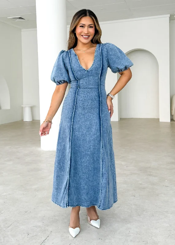 Madrie Stretch Denim Midi Dress - Mid Blue