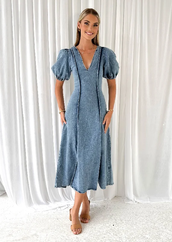 Madrie Stretch Denim Midi Dress - Mid Blue