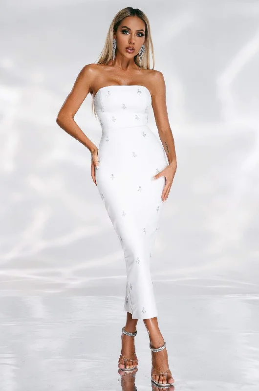 ""Miya"" Strapless Crystal Embellished White Bandage Dress