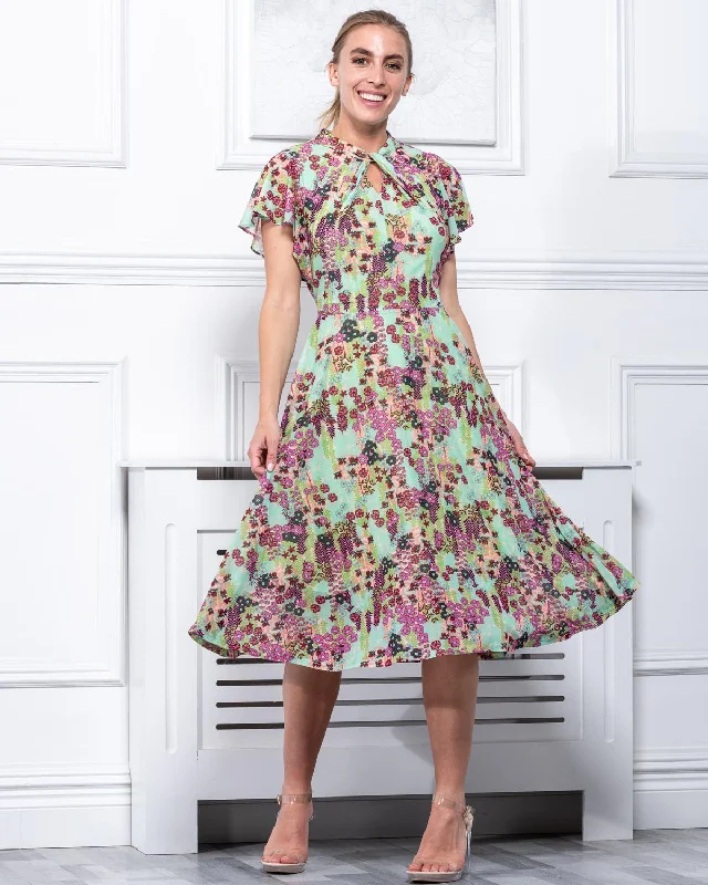 Sample Sale - Key Hole Midi Dress, Green Floral