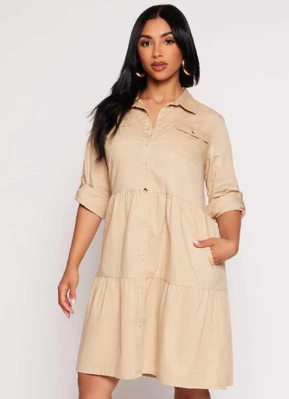 Twill Button Front Tiered Shirt Dress