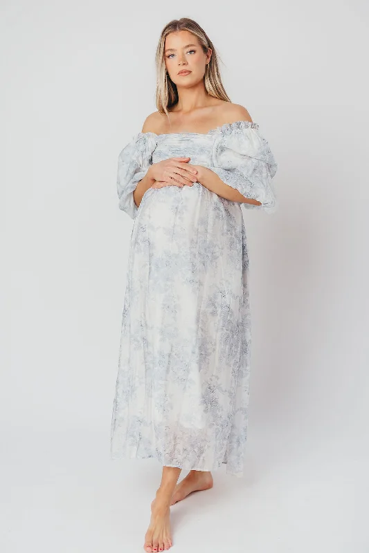 Melody Maxi Dress with Pleats and Bow Detail in Blue Floral - Bump Friendly & Inclusive Sizing (S-3XL)