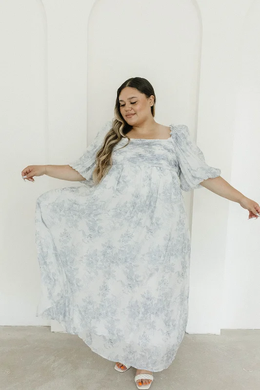 Melody Maxi Dress with Pleats and Bow Detail in Blue Floral - Bump Friendly & Inclusive Sizing (S-3XL)