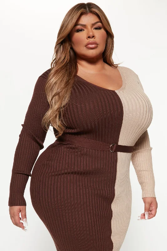 Autumn Calls Colorblock Sweater Midi Dress - Chocolate/Combo