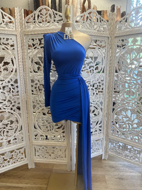 Blue One Sleeve Tailed Dress