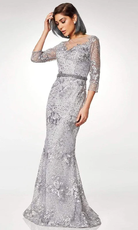 Clarisse - Illusion Bateau Sequin Lace Trumpet Dress M6502 - 1 pc Gray In Size 16 Available