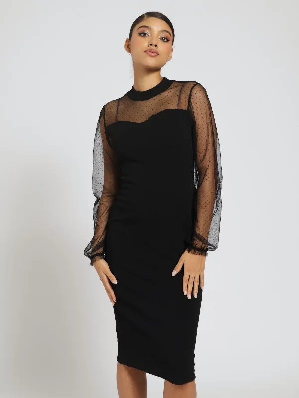 Dobby Mesh Yoke & Sleeve Combo Midi Dress - Black