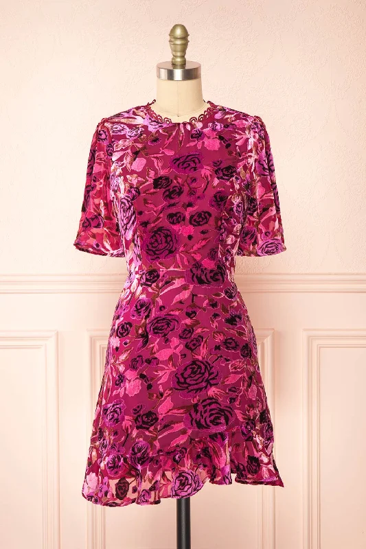 Eudine | Short Violet Velvet Floral Dress