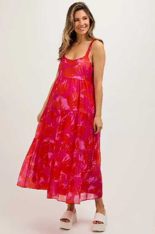 Fuchsia Leaf Print Sleeveless Tiered Maternity Midi Dress