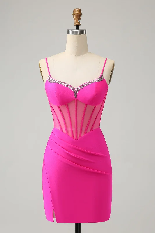 Glitter Fuchsia Beaded Corset Tight Short Prom Dress