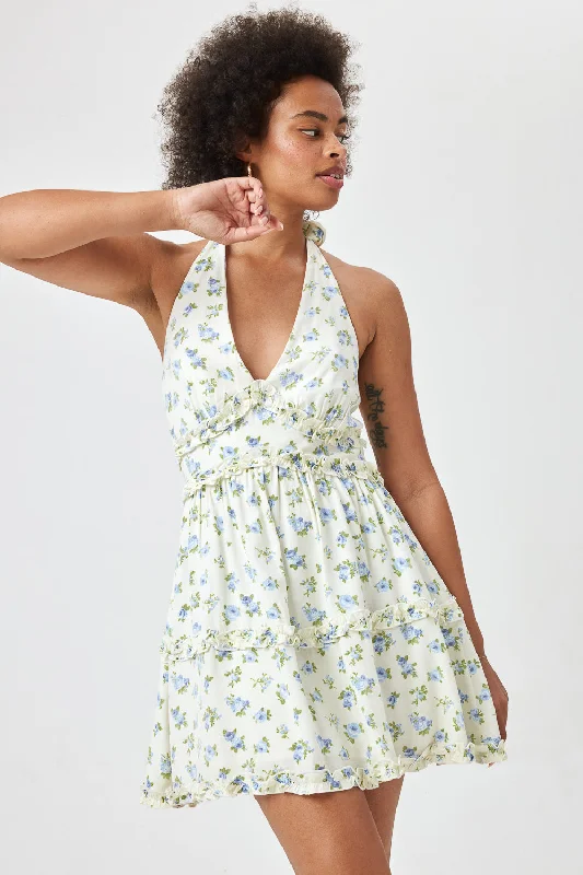 Ivory Blue Floral Tier Halter Dress