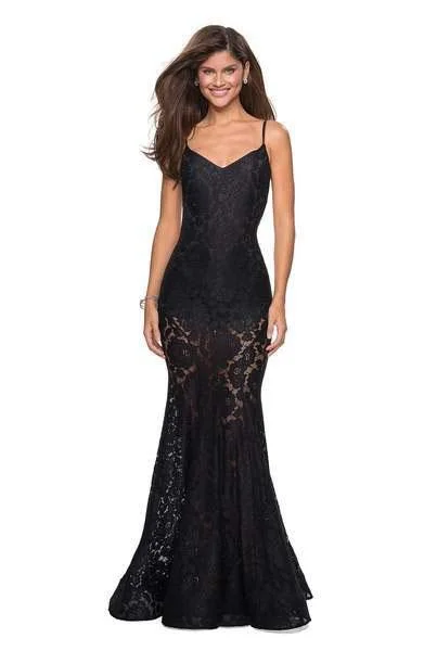 La Femme - 27584 V-neck Stretch Lace Trumpet Dress