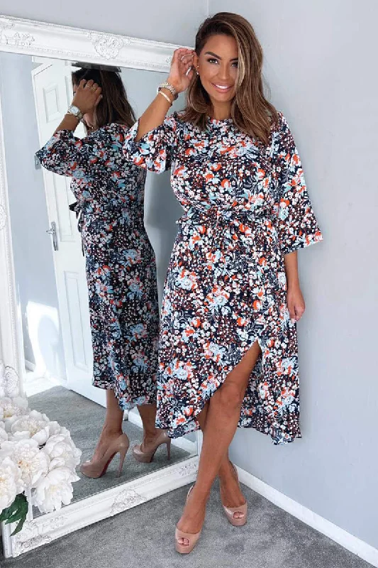 Navy Floral Wrap Tie Front Midi Dress