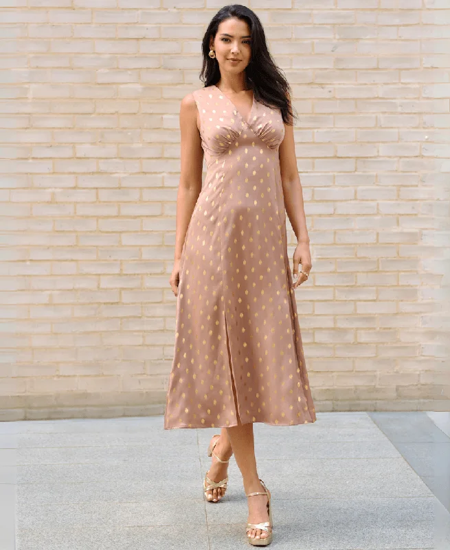 Light Brown Foil Satin Midi Dress