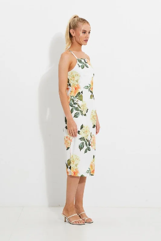 Print Designer Yellow Rose Racer Neck Slip Midi Dress