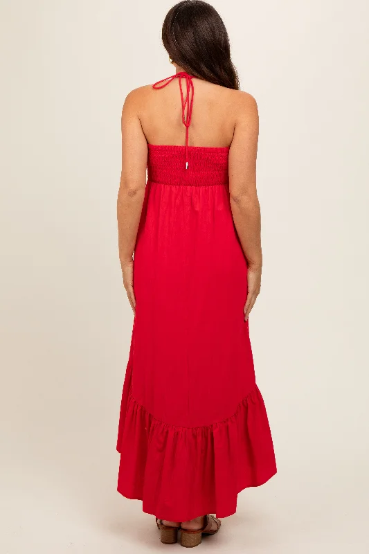 Red Halter Neck High-Low Hem Maternity Dress