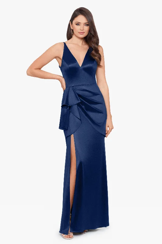 ""Robin"" Long Satin V-Neck Ruffle Dress