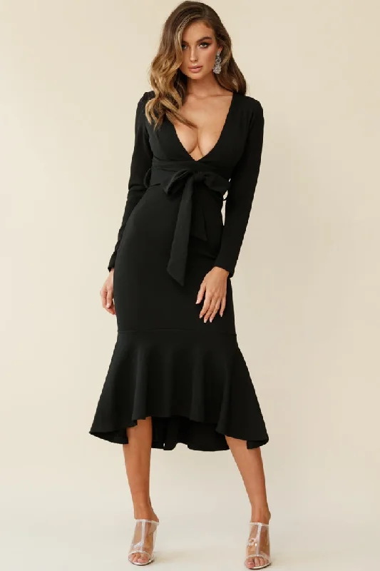 Sorry Not Sorry Long Sleeve Flounce Midi Dress Black