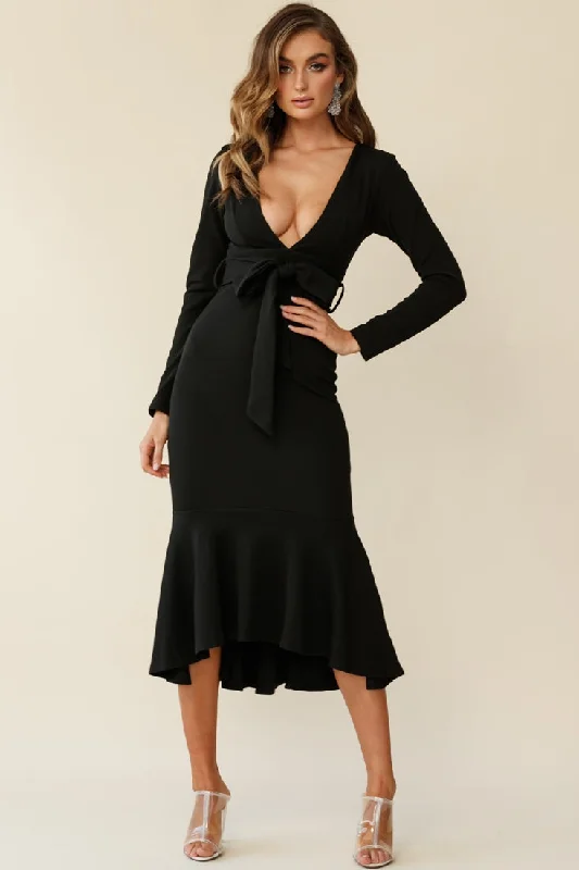 Sorry Not Sorry Long Sleeve Flounce Midi Dress Black