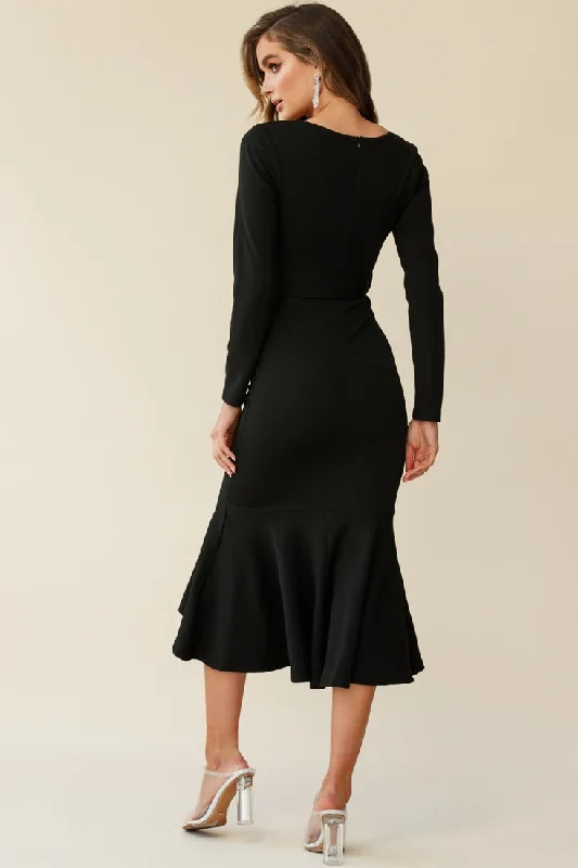 Sorry Not Sorry Long Sleeve Flounce Midi Dress Black