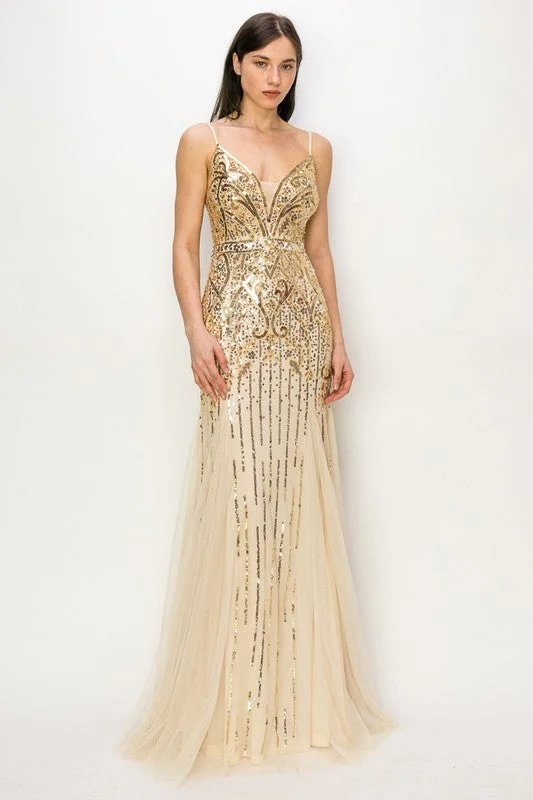 Spaghetti Strap V Neck Mesh Tulle Mermaid Skirt Sequin Gold Maxi Dress