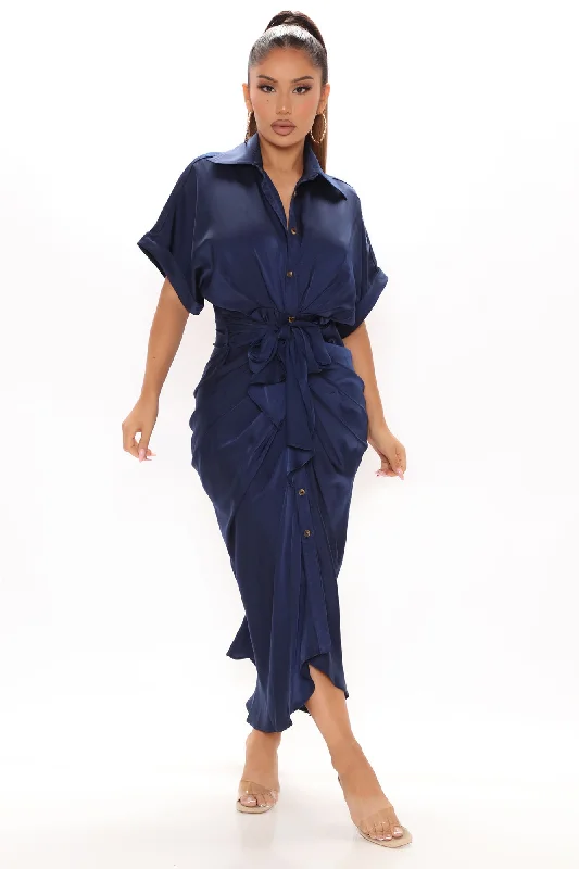 Stuck In The City Satin Midi Dress - Navy