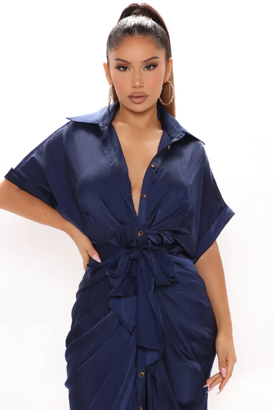 Stuck In The City Satin Midi Dress - Navy