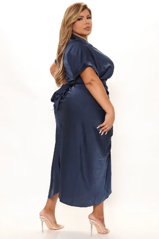 Stuck In The City Satin Midi Dress - Navy