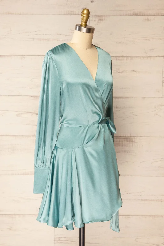 Warrington | Blue Green Satin Wrap Dress