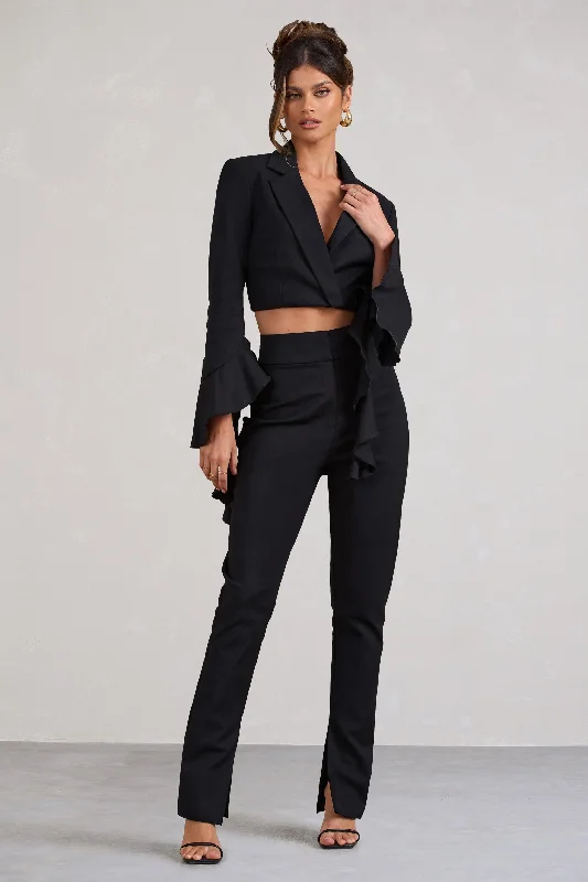 Addilyn | Black Cotton-Blend Tailored Straight-Leg Split Trousers