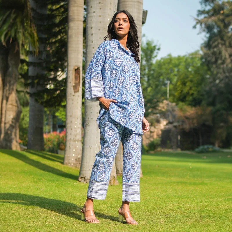 Cotton Oversized Co Ord Set for Women | Blue | Block Printed