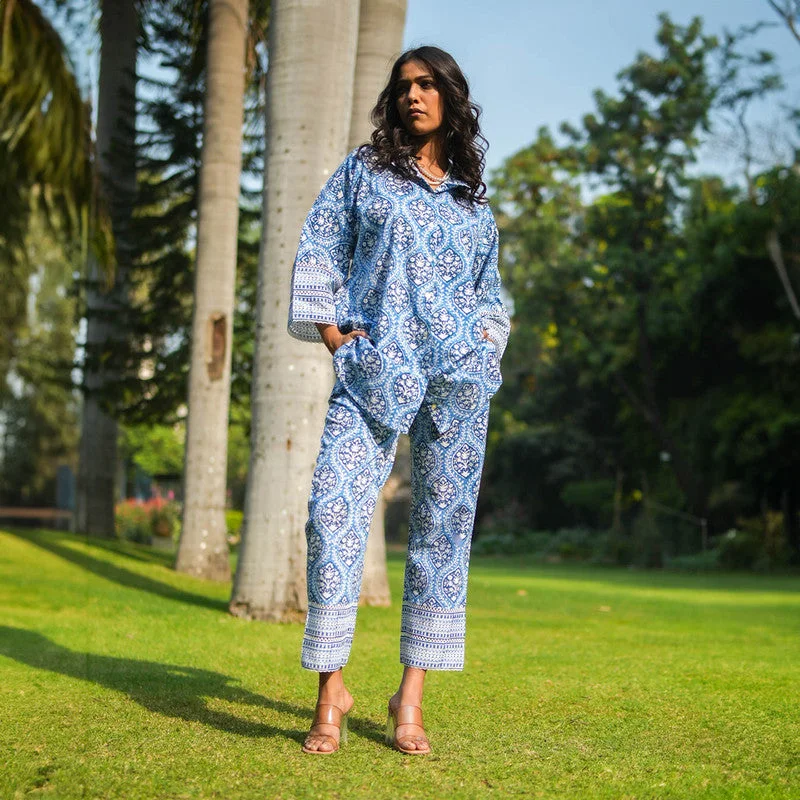 Cotton Oversized Co Ord Set for Women | Blue | Block Printed