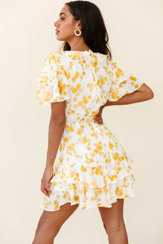 Aubrey Tied Bust Ruffle Trim Dress Floral Print Yellow