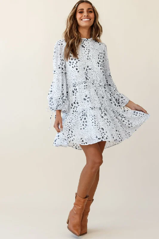 Beatrix High Neck Bell Sleeve Dress Droplet Print White