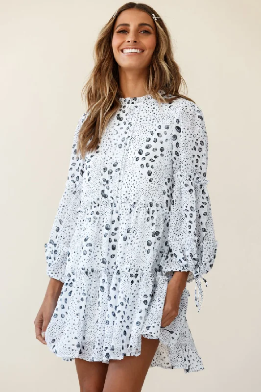 Beatrix High Neck Bell Sleeve Dress Droplet Print White