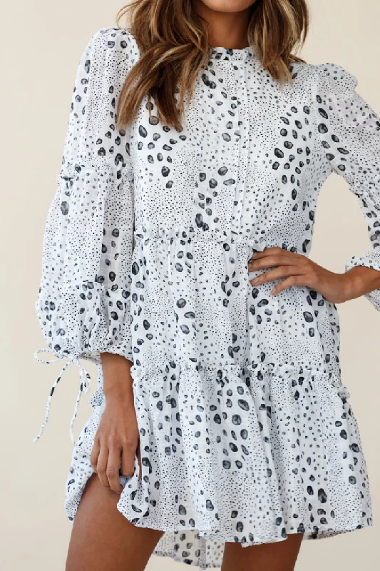 Beatrix High Neck Bell Sleeve Dress Droplet Print White