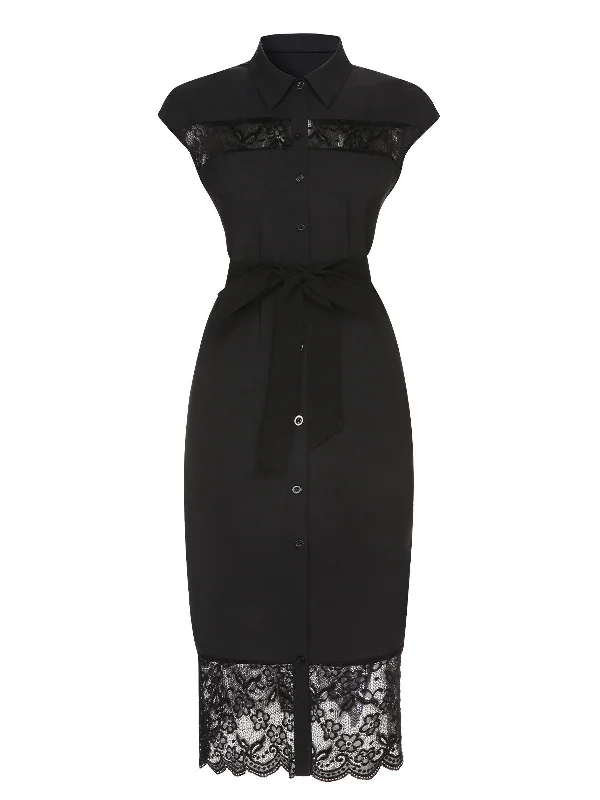 Black 1940s Solid Lace Shirt Collar Belted Dress