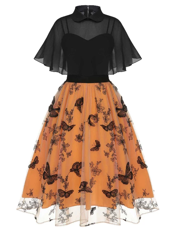 Black & Orange 1950s 3D Butterfly Cloak Dress