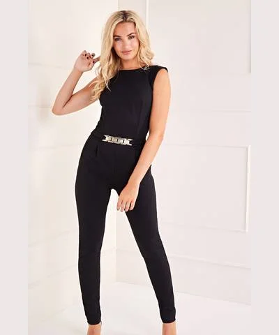 Black Plaque Detail Sleeveless Jumpsuit