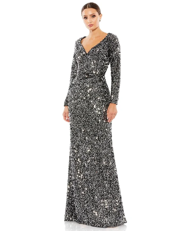 Black/Silver 8 Mac Duggal 26445 Long Sleeve Sequins Formal Dress Sale