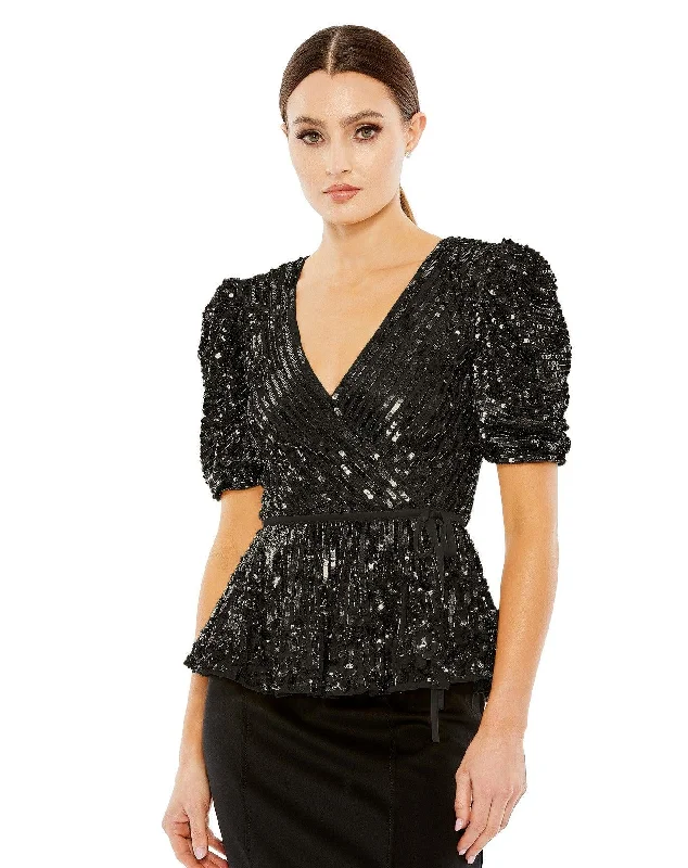 Black XL Mac Duggal R5694 Beaded Sequin Short Sleeve Top Sale