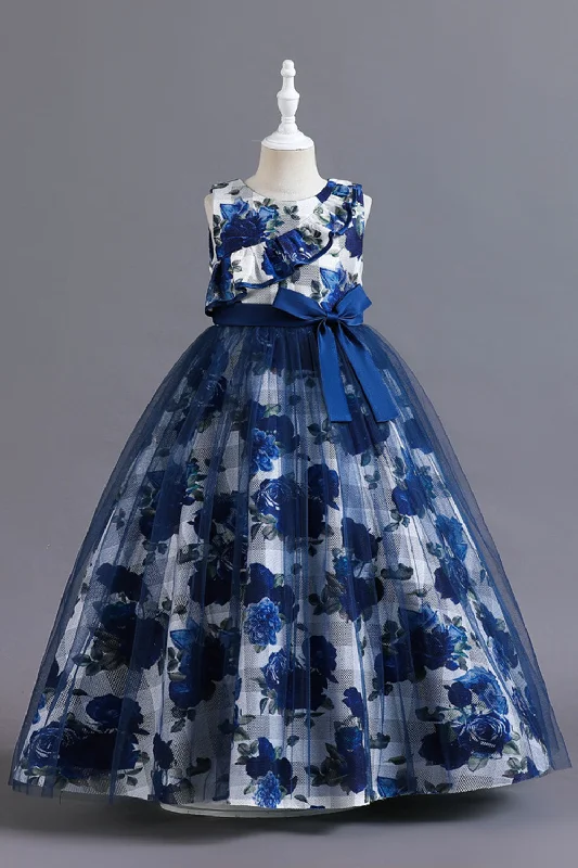 Blue Flower Tulle Long Girls' Dress With Ruffles