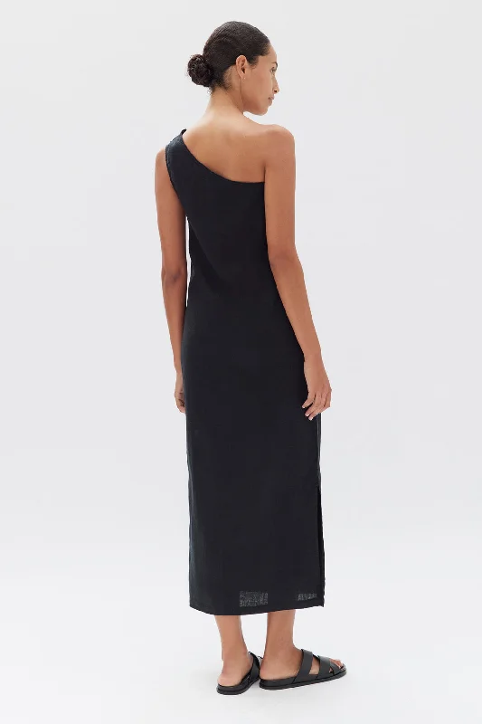 Bonnie Black Linen One Shoulder Maxi Dress