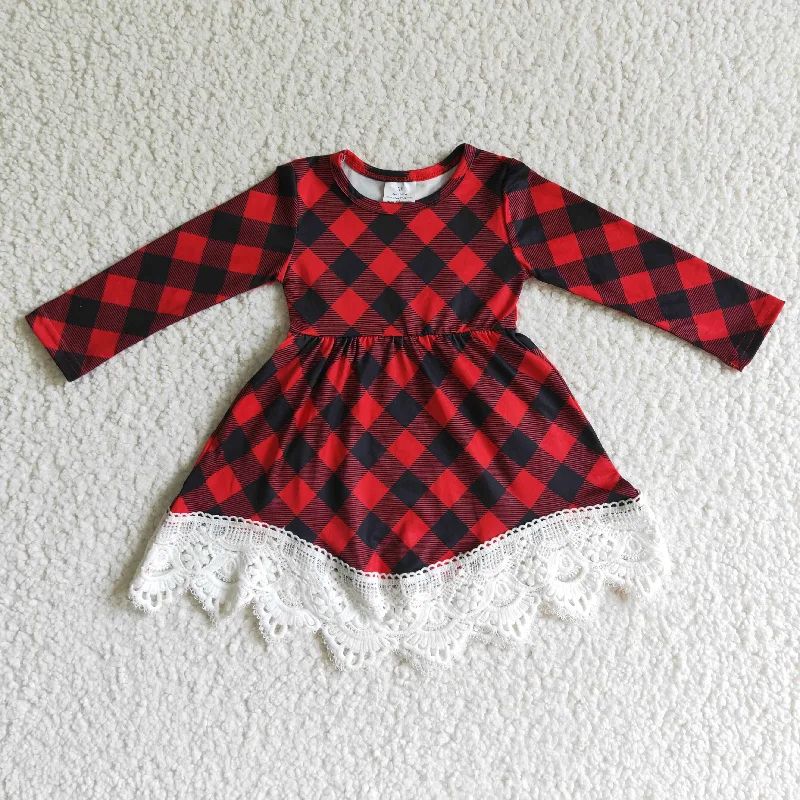 Christmas Red Plaid Long sleeve Lace Dresses