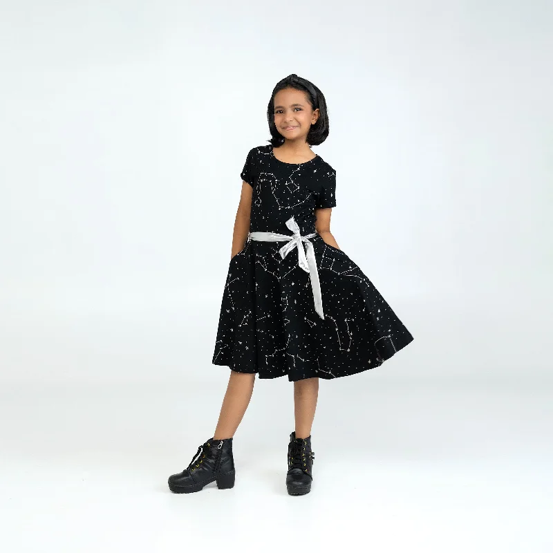 Constellations Glow-in-the-Dark Short Sleeve Kids Twirl Dress