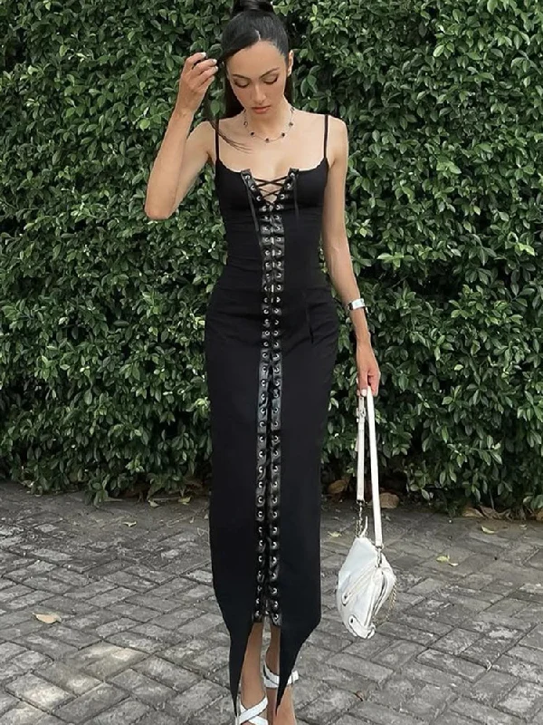 Elegant Stitching Lace Up Suspender Dress Women Slim Club Maxi Dress