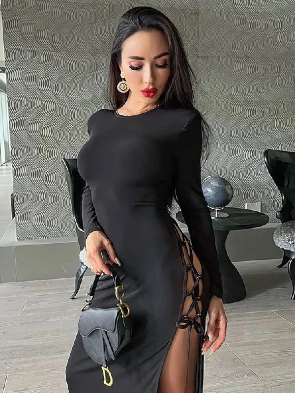 Bandage Dress Women Autumn: Long Sleeve O-Neck Split Maxi Dress